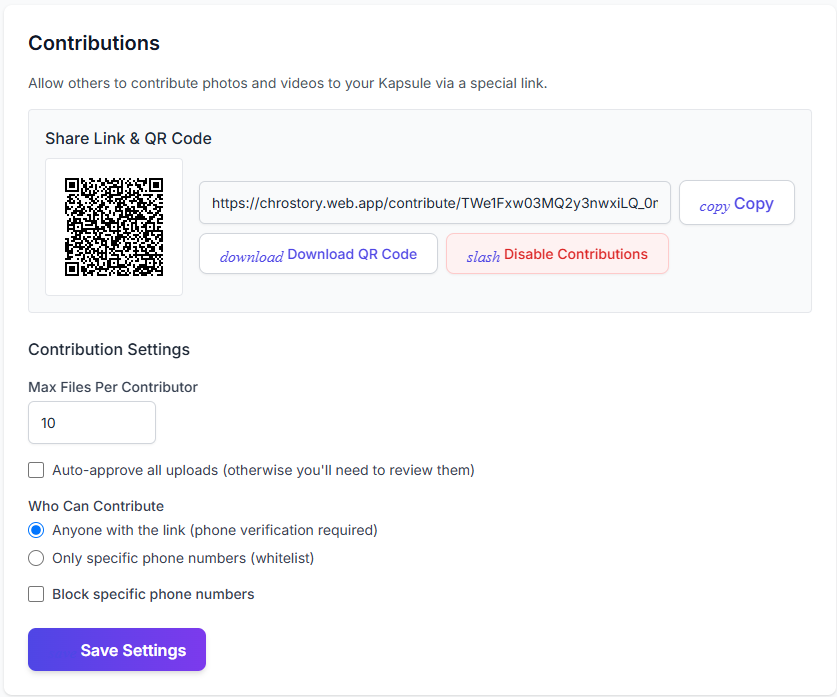 Sharing a Kapsule contribution link via QR code